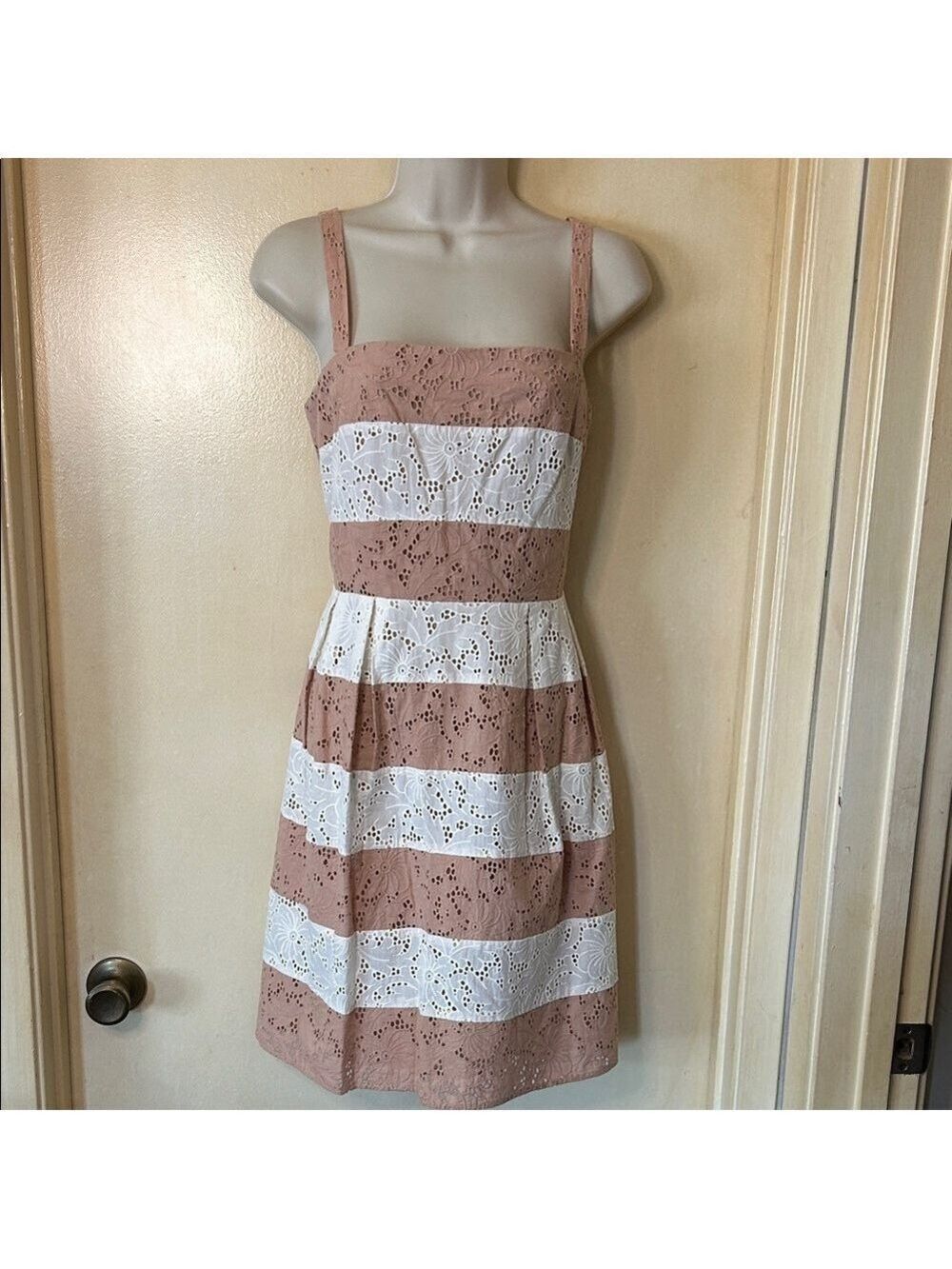 LOFT Tan and White Striped Eyelet Mini Dress size 6